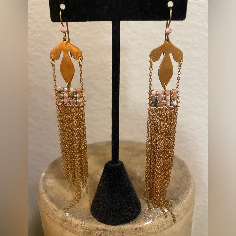 Brass & Rhodochrosite Chain Earrings